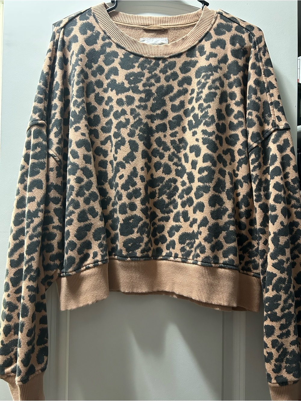 aerie Leopard-Print Crewneck Sweater in Tan and Black
